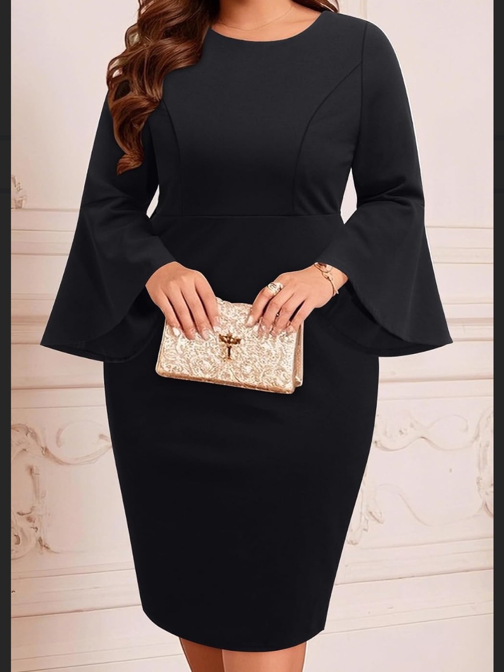 Fashion Pinup Black Bell-Sleeve Sheath Dress - Women 18W